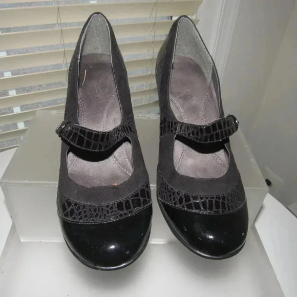 AEROSOLES Mary Jane Faux Croco Patent Suede Black Chunky Heels Pumps Size 10M - Picture 3 of 7